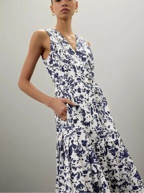 Eudon Choi Sleeveless Floral Pleated Midi V-Neck Blue & White Printed Dress 10
